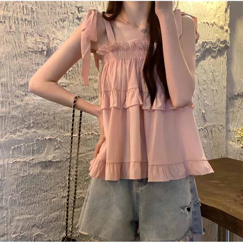 Korean Style Ruffled Spaghetti Strap Blouse - Solid Summer Slash Neck Women's Top