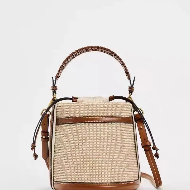 Small Woven Drawstring Bucket Bag for Women - Retro Stitching Shoulder & Crossbody Bag