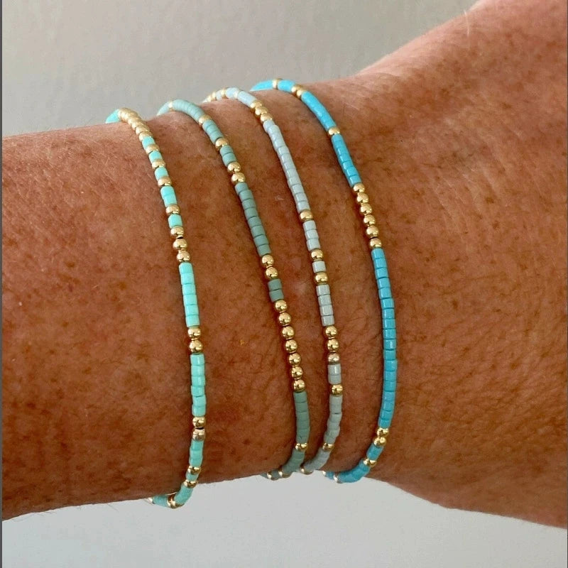 Boho Seed Bead Stretch Bracelet Set - 4-Pack Gold Elastic Bangles for Women, Handmade Geometric Summer Jewelry