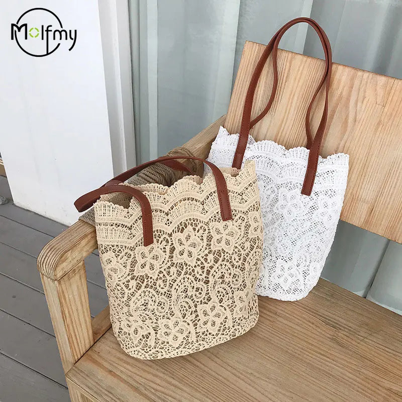 Lace Bucket Shoulder Bag for Women – Korean Straw Tote Beach Handbag, Elegant Summer Shoulder Bag