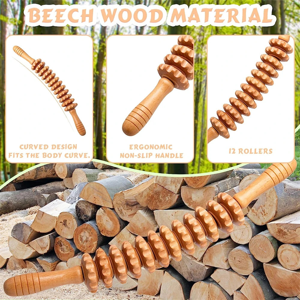Curved Beech Wood Massage Roller – Anti-Cellulite Lymphatic Drainage & Deep Tissue Body Massager Stick