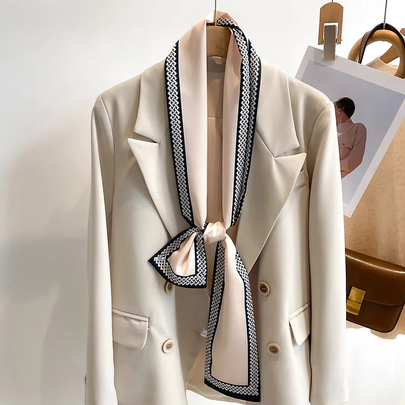 Women's Silk-Feel Printed Long Narrow Scarf 12 x 148 cm (4.7 x 58.3 in) - 50+ Colors | Headband & Shawl