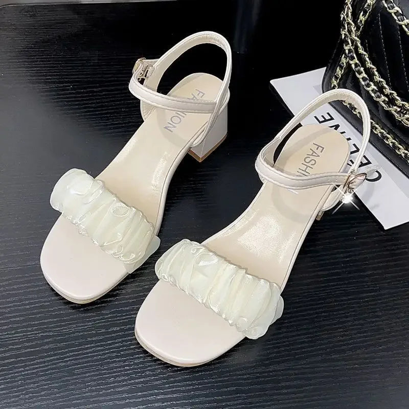 French Style Women's Crystal Mesh High-Heeled Sandals, Lightweight Soft Square Thick Heel