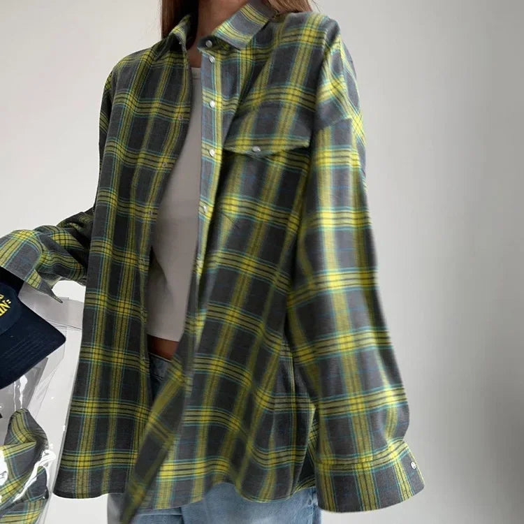 Oversized Women's Plaid Button-Down Shirt - Long Sleeve Tunic Blouse with Pockets, Korean Style Autumn/Winter