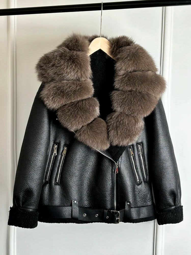 Women's Faux Leather Shearling Coat with Large Fox Fur Collar - Warm PU Moto Biker Jacket