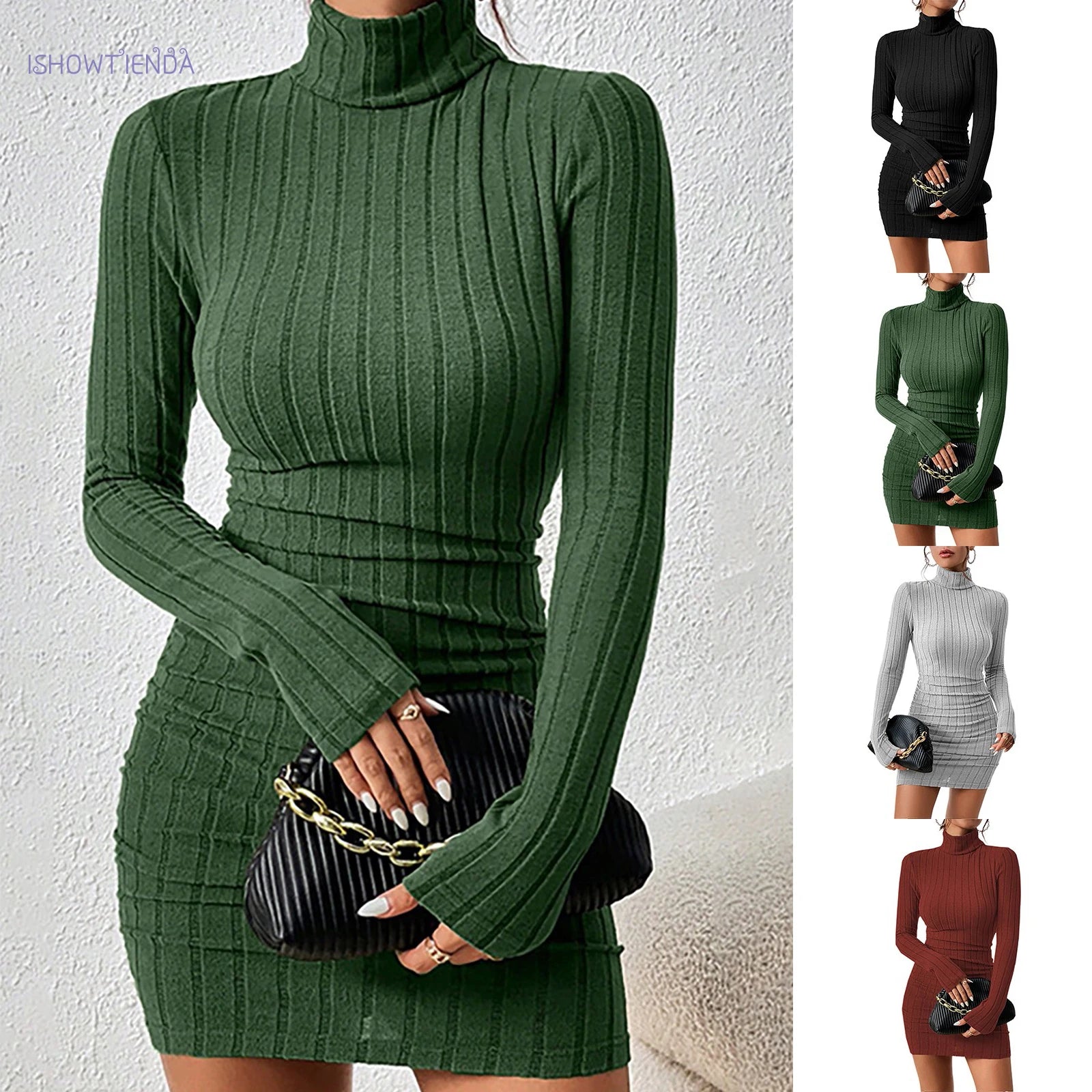 Knitted Turtleneck Bodycon Mini Dress – Long Sleeve Ribbed Sheath for Autumn Winter Parties and Streetwear
