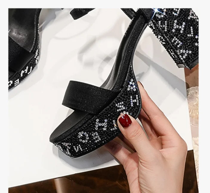 Women's Sequin Rhinestone Crystal High-Heel Pumps – Bling Wedding & Party Square-Heel Dress Shoes