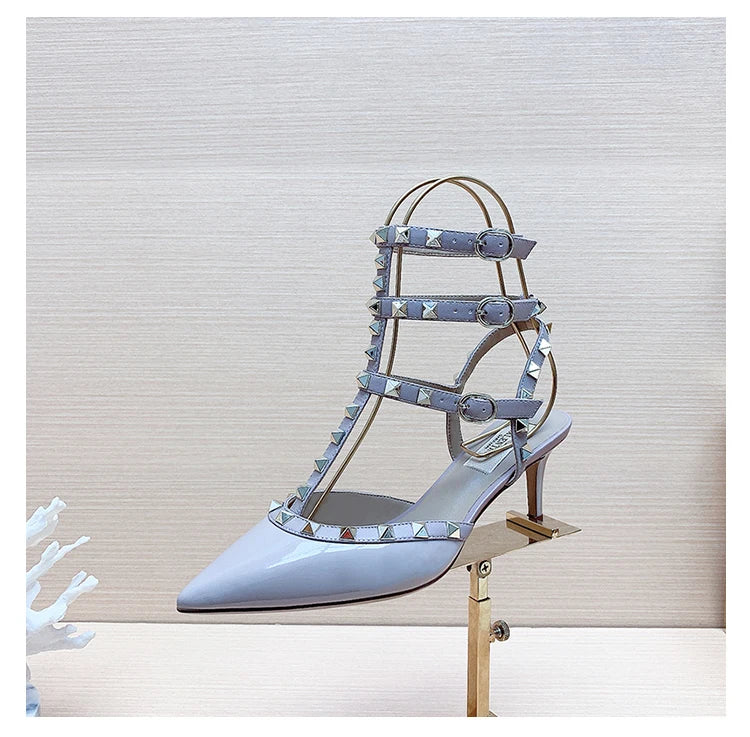 Women's Gladiator High-Heel Sandals - Black Patent Leather 3-Strap Ankle Strap Rivet Designer Heels