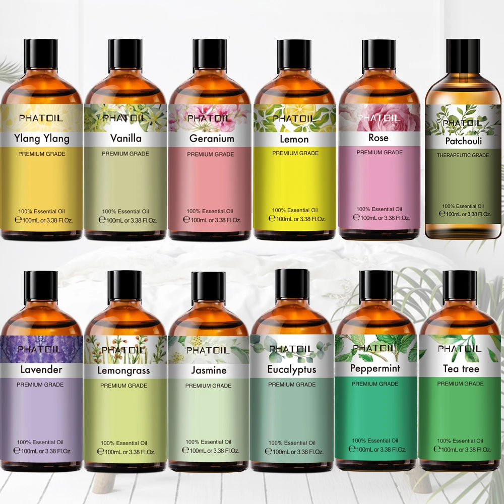 PHATOIL 100ml Pure Essential Oil – Lavender, Rose, Vanilla, Peppermint, Clove, Tea Tree, Ylang Ylang, Lemon Aromatherapy Diffuser Oil