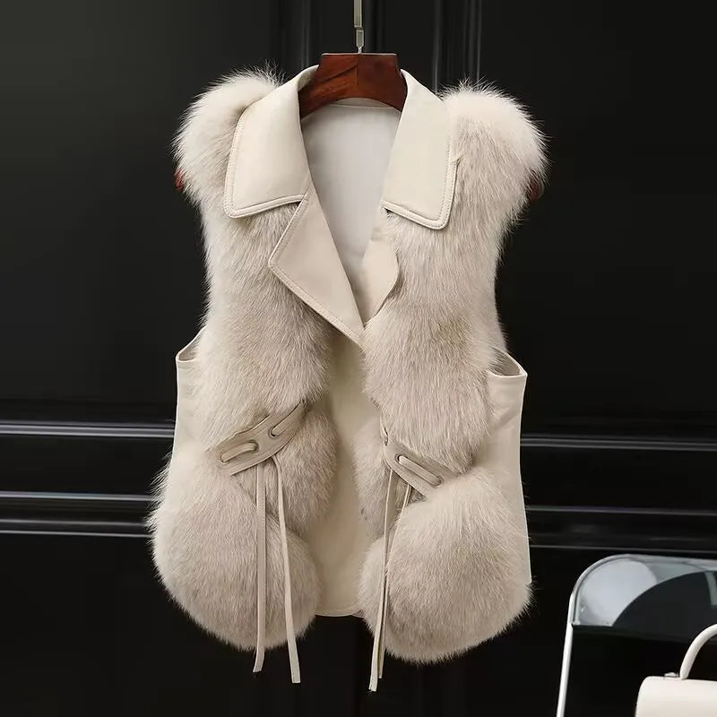 Women's Faux Fur Plush Vest – Sleeveless PU Leather-Trim Waistcoat, Cozy Autumn/Winter Outwear