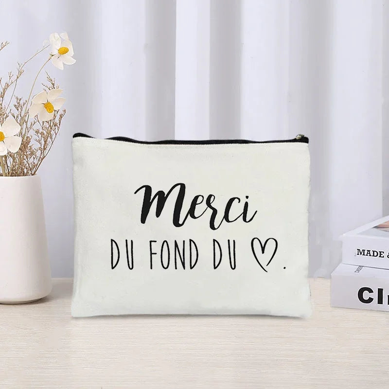 Thank You Makeup Bag Cosmetic Pouch - Merci Teacher Gift Travel Zipper Canvas Pouch (22 x 14 cm / 8.7 x 5.5 in)