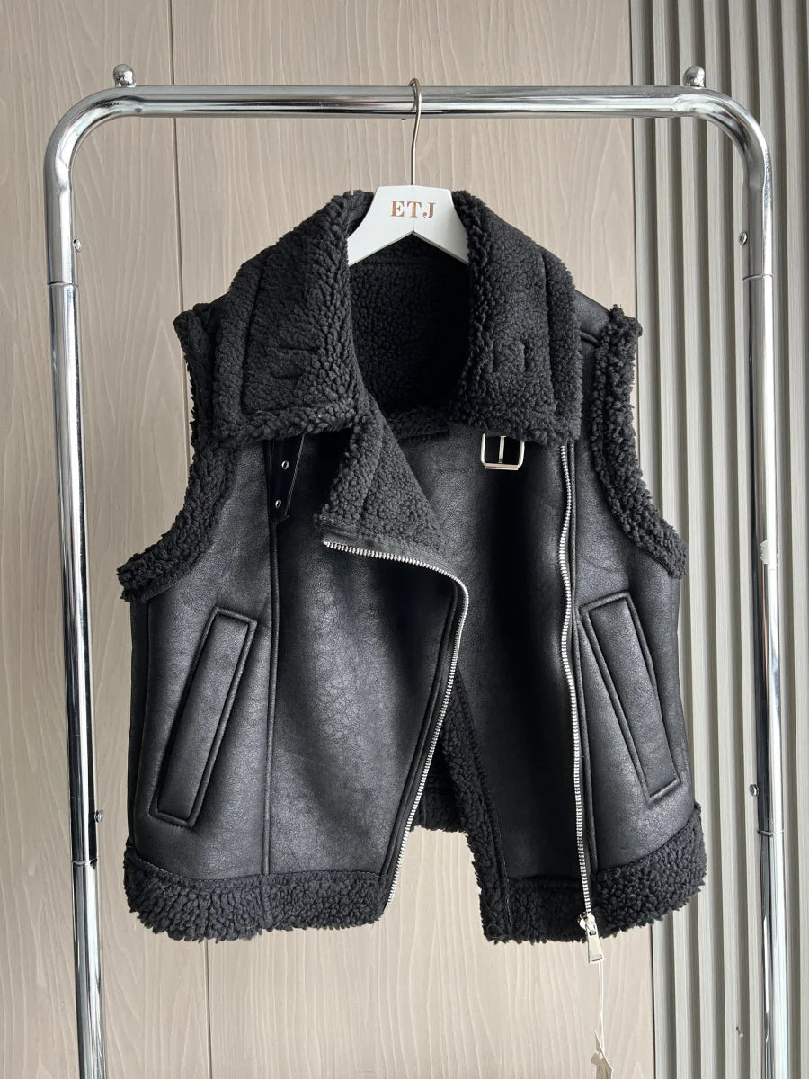 Women's Faux Leather Jacket with Teddy Fur Collar and Taffeta Lining - Warm Autumn/Winter Coat