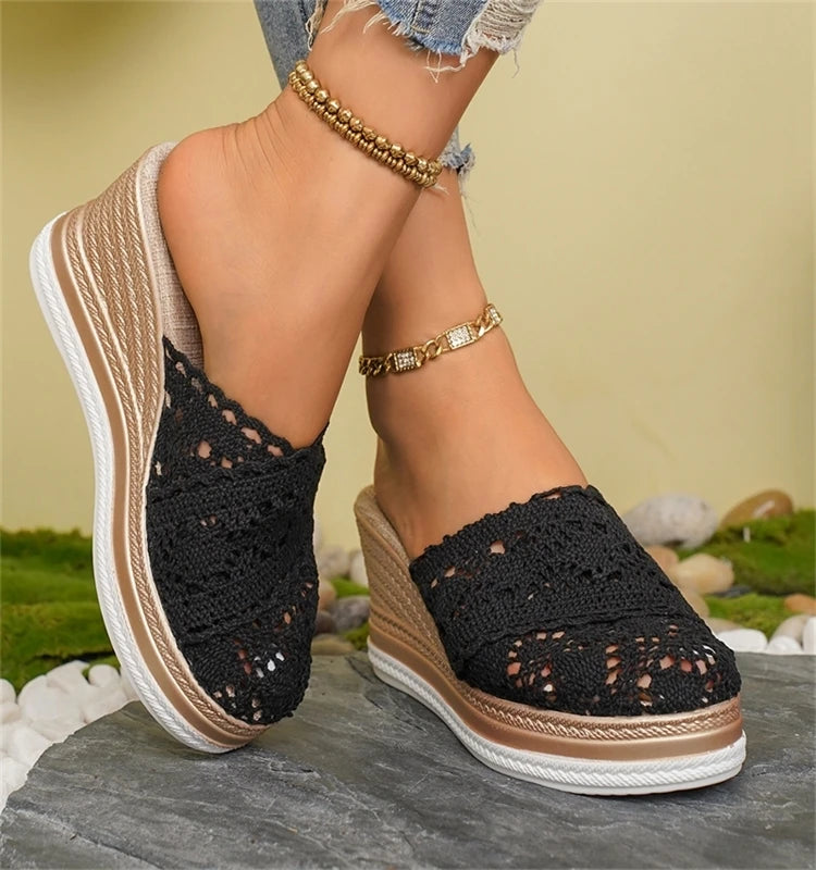 HAJINK Women's Lace Wedge Sandals – Breathable Summer Slide Heels, 5–8 cm (2–3 in) Heel, 3–5 cm (1.2–2 in) Platform