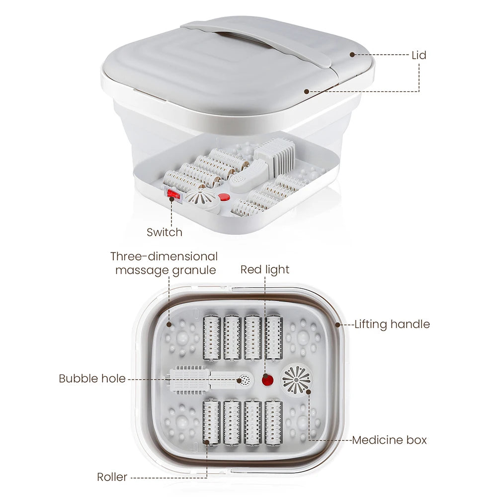 Portable Foldable Thermostatic Foot Spa Massager - Automatic Foot Bath Tub with Heat, Rollers & Red Light for Improved Circulation