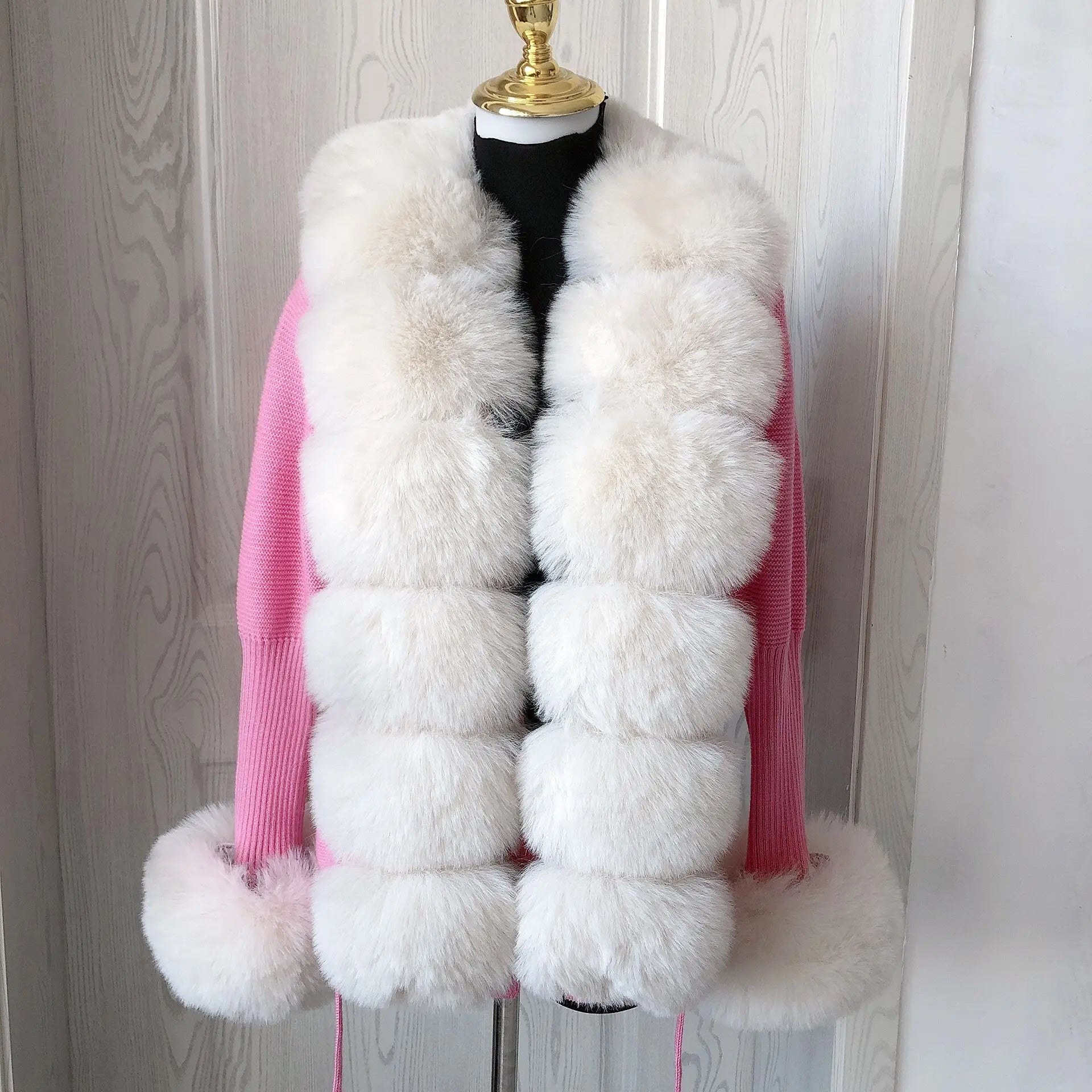 Women's Faux Fur Knit Cardigan with Faux Fox Fur Collar – Elegant Puff Sleeve Sweater Coat