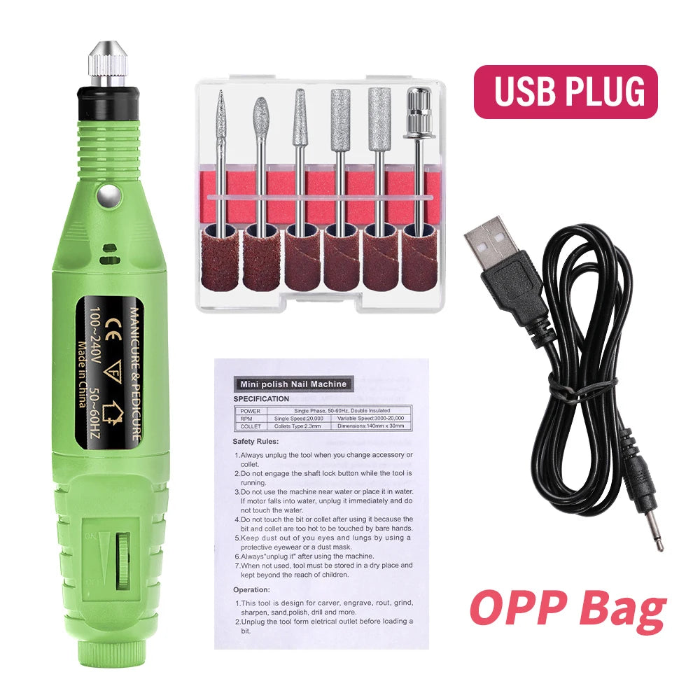 Portable USB Electric Nail Drill Machine – 6-Color Nail Polisher & Sander for Manicure Pedicure, 20,000 RPM, Includes 6 Drill Bits & Sanding Bands