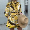Women's Autumn/Winter Printed Long-Sleeve Single-Breasted Top & Matching Bottoms Slim Polyester Two-Piece Set