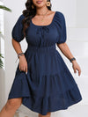 Plus Size Floral Midi Dress with Shirred Waist - Cross Neck Casual Dress for Wedding Guests and Garden Parties