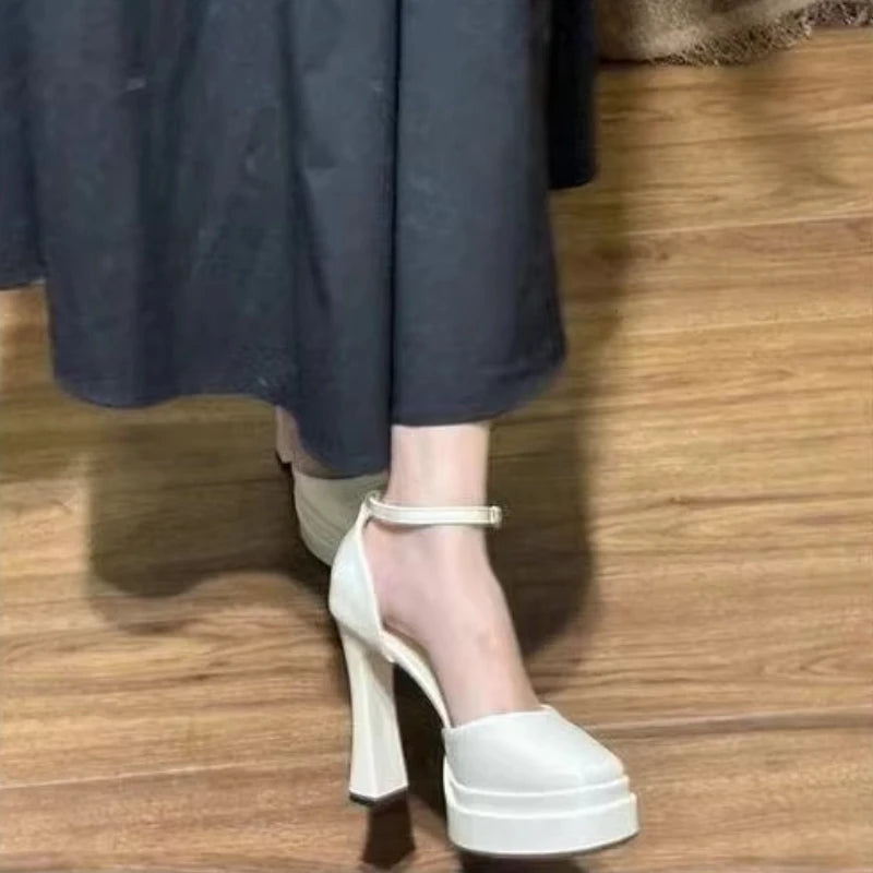 Women's Waterproof Patent PU Platform Sandals – 11 cm (4.3") Chunky Heel, Buckle Strap, White, EU 35-42