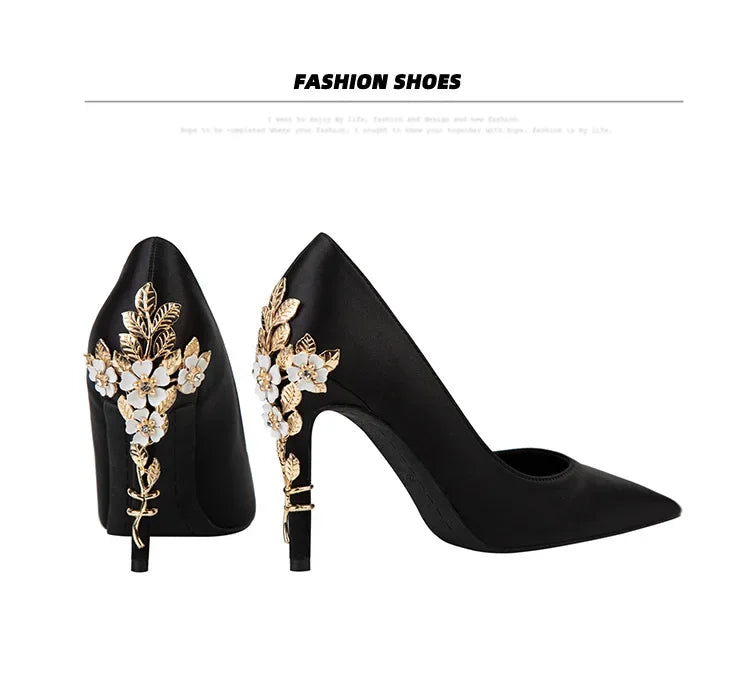 Women's Satin Pointed-Toe Stiletto Pumps with Metal Flower Detail — High Heel Wedding Shoes