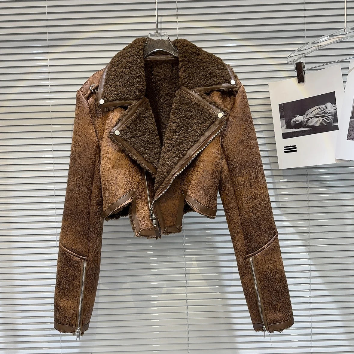 PREPOMP Turn-Down Collar Faux Fur PU Leather Jacket for Women, Zipper Sleeve Cuffs Streetwear Winter Coat