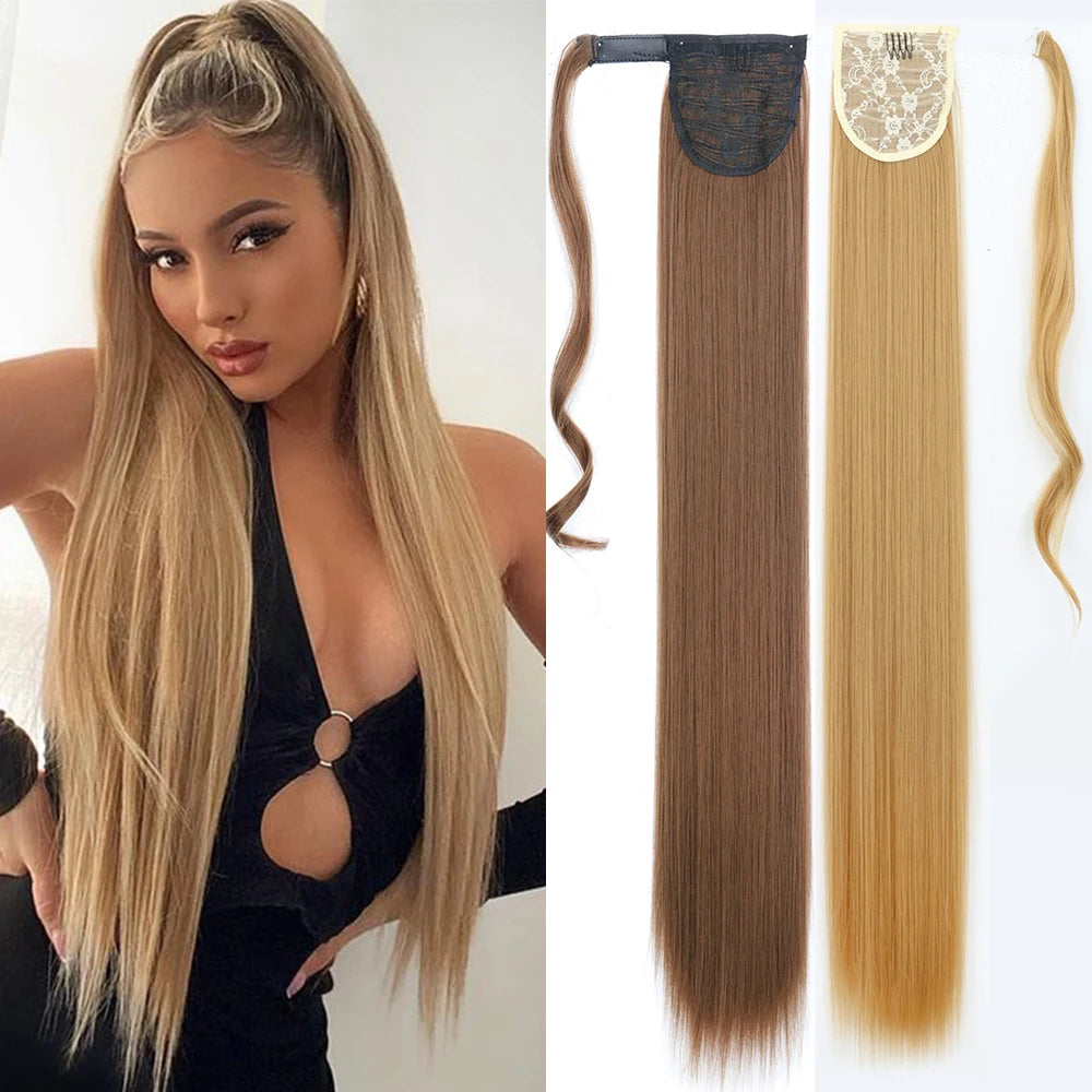 Wrap-Around Clip-In Ponytail Hair Extension 22-34 in (56-86 cm) Long Straight Heat-Resistant Synthetic Blonde Brown