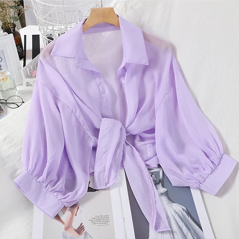 Women's Chiffon Tie Waist Blouse Batwing Half Sleeve Summer Casual Hollow Button Top White