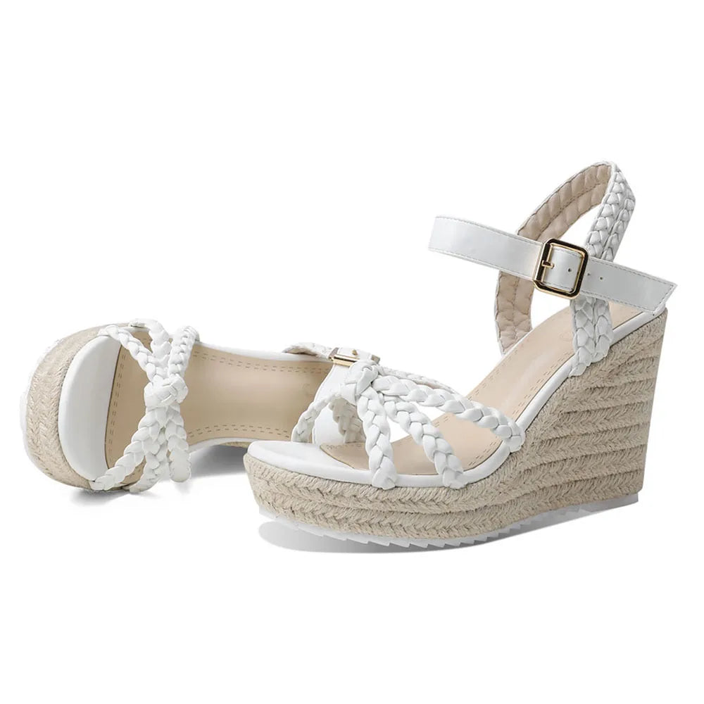 GIGIFOX Straw Woven Wedge Sandals for Women High Platform Buckle Strap Round Toe Boho