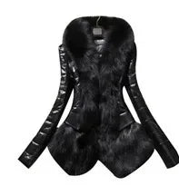 Women's Faux Fur Collar PU Leather Mid-Length Coat - Slim Fit Long Sleeve Patchwork Street Style