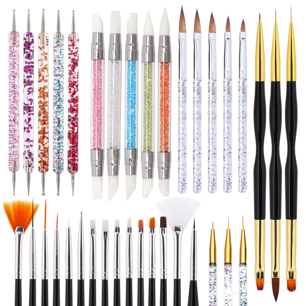 36-Piece Nail Art Brush Set + 5-Piece Silicone Tools — Fine Liner, Striping, Dotting & 3D Gel Acrylic Design Brushes for Home Use