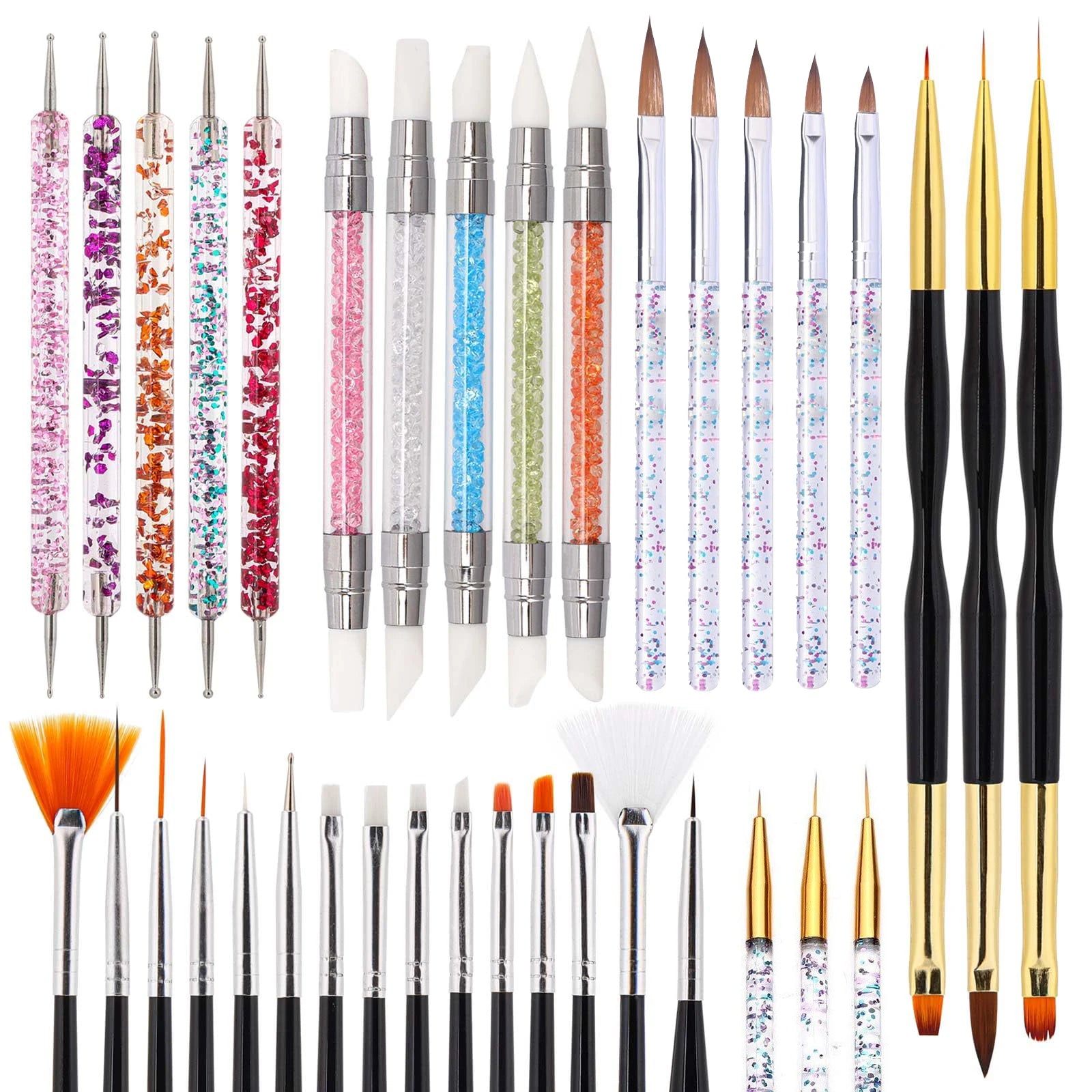 36-Piece Nail Art Brush Set + 5-Piece Silicone Tools — Fine Liner, Striping, Dotting & 3D Gel Acrylic Design Brushes for Home Use