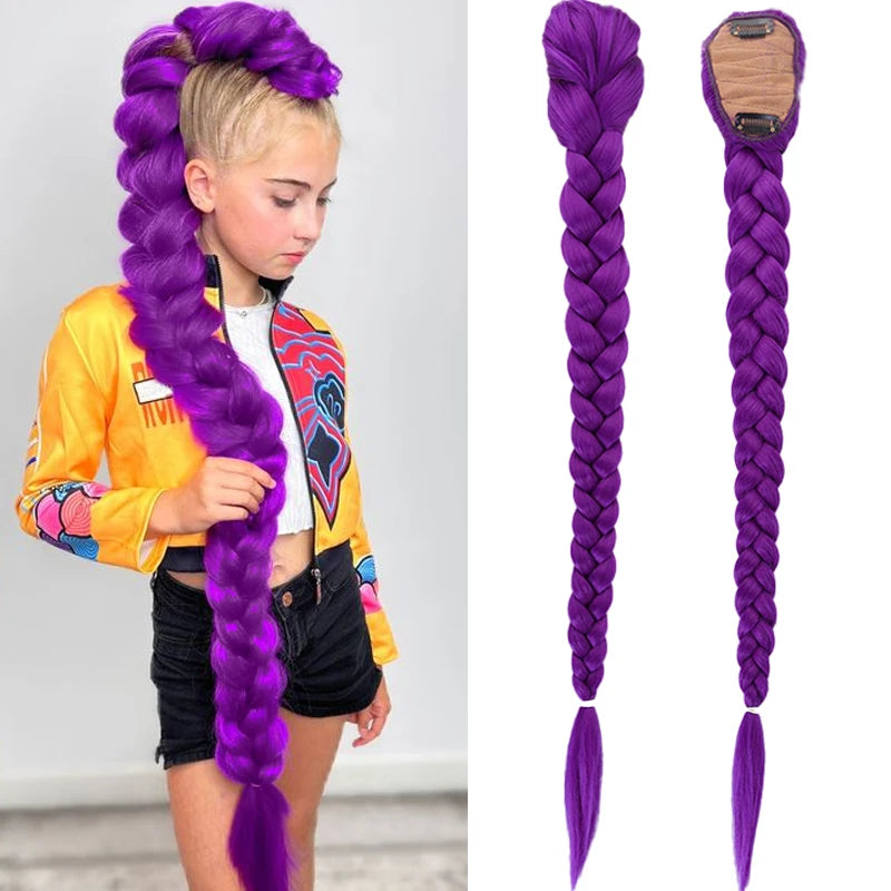 Clip-In Braided Purple Ponytail 26in (66cm) Synthetic Hair Extension for Kids Girls Costume Halloween & Christmas