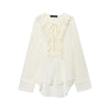 KONDALA Vintage Yellow Ruffle V-Neck Lace-Up Bow Tie Blouse Long Sleeve Casual Top