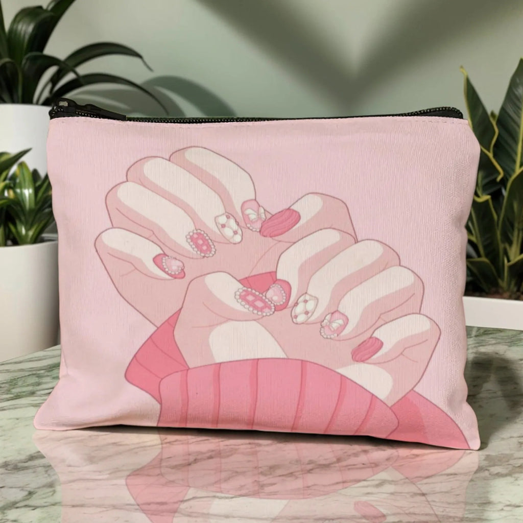 Pink Manicure Makeup Bag – Nail Art Print Cosmetic Organizer with Zipper for Travel & Nail Tools