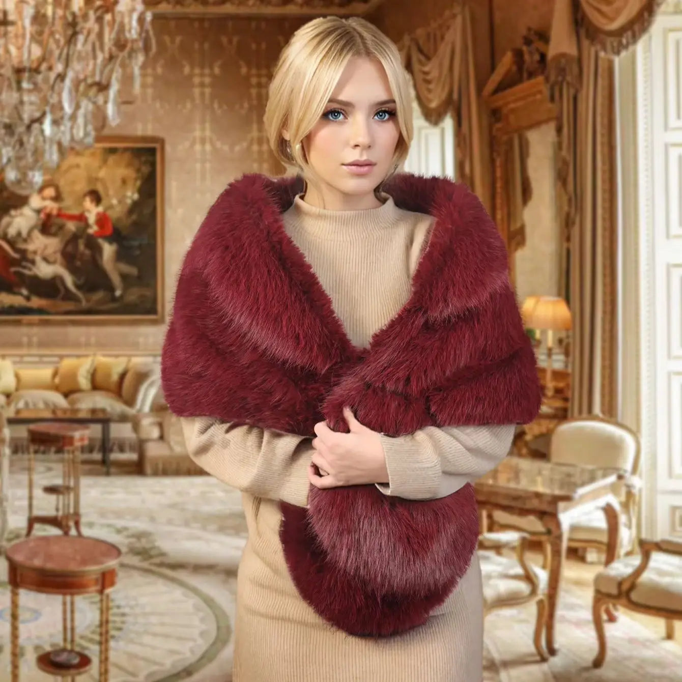 Handmade Faux Fox Fur Shawl - Polyester Long Wedding & Party Wrap (53-69 in / 135-175 cm)