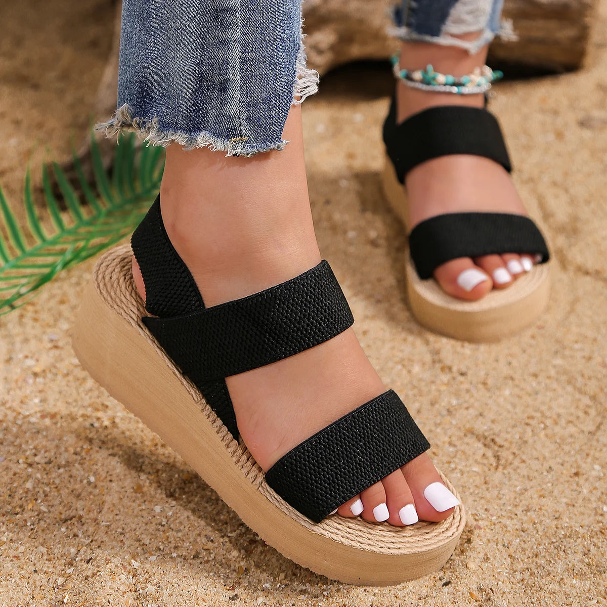 Women's Black Low Heel Platform Sandals - Anti-Slip Soft Sole, Elastic Strap Casual Sandals