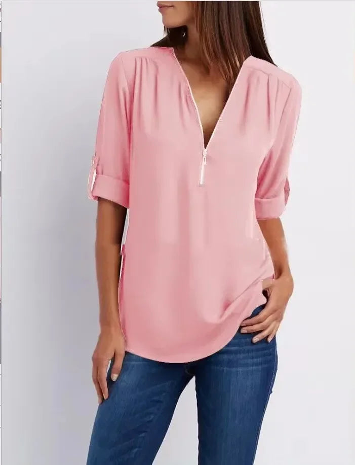 Women's Loose V-Neck Chiffon Blouse with Zipper Pullover — Casual Plus Size