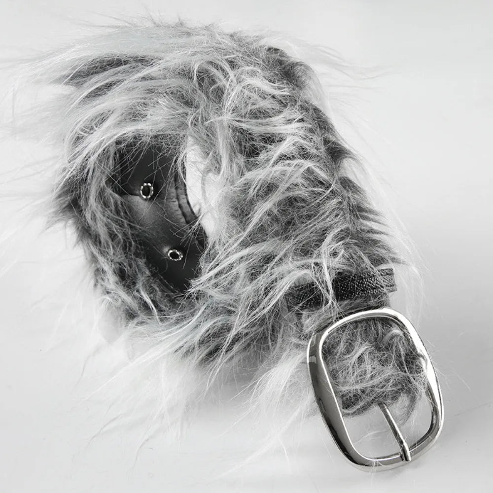 Y2K Gray Faux Fur Leather Waist Belt 41.34in (105cm) Furry Hip-Hop Jeans Waistband