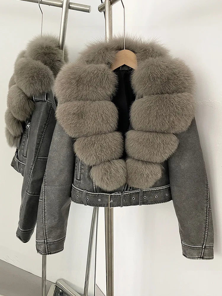 ZMEENNA Women's Faux Leather Moto Jacket with Detachable Faux Fur Collar - Short Warm Winter Coat