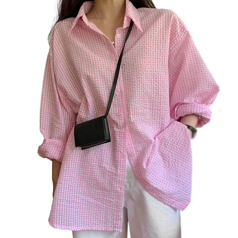 Korean Style Plaid Sunscreen Shirt for Women, Lightweight Loose Long Sleeve Single-Breasted Turn-Down Collar