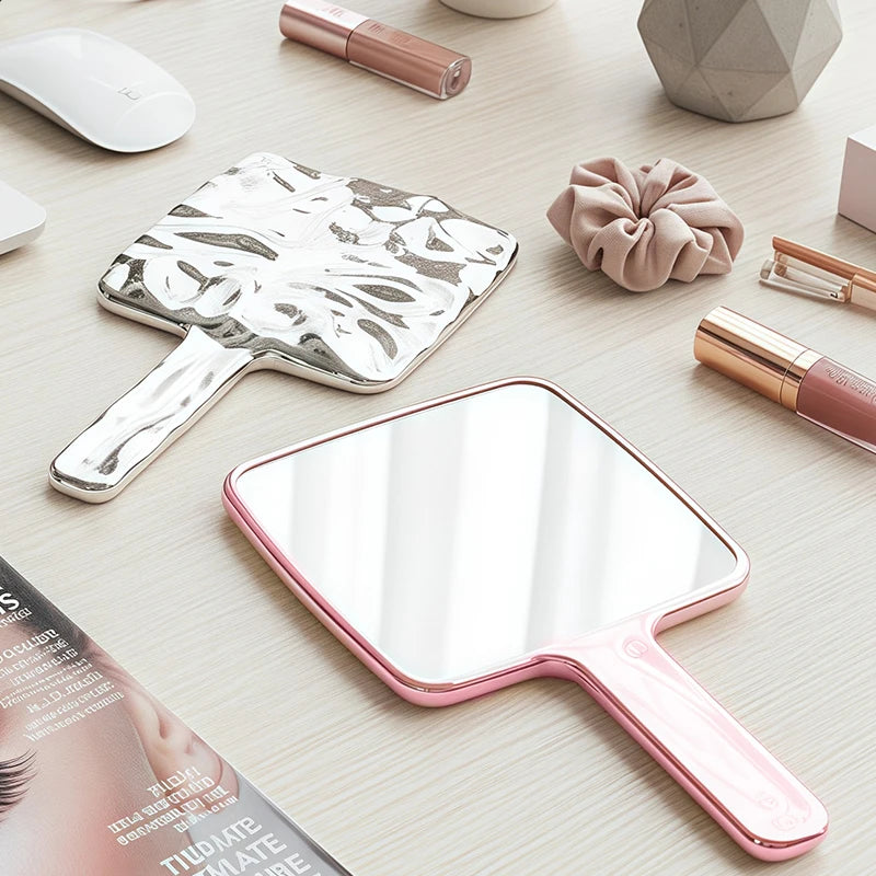 Vintage Silver Handheld Makeup Mirror for Women – Travel Vanity Mirror with Water Ripple Frame