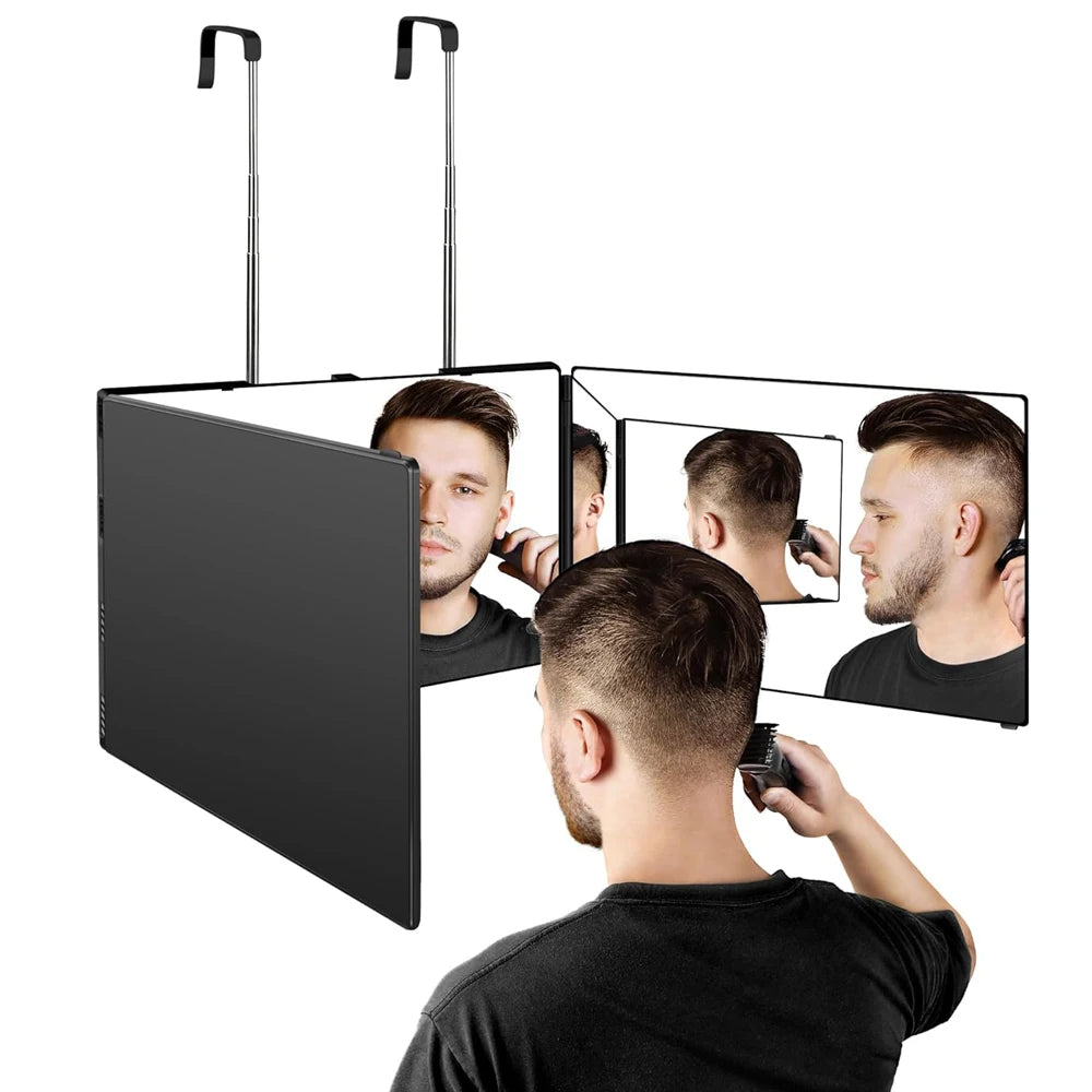 360° Trifold Travel Makeup Mirror with Height-Adjustable Telescoping Hook — Portable Foldable Vanity Mirror for Self Hair Cutting & Styling