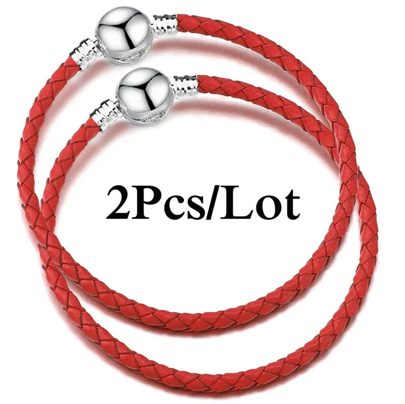 2-Pack Leather Chain Charm Bracelets with Beads – Handmade Couples Pulsera Jewelry (Unisex)