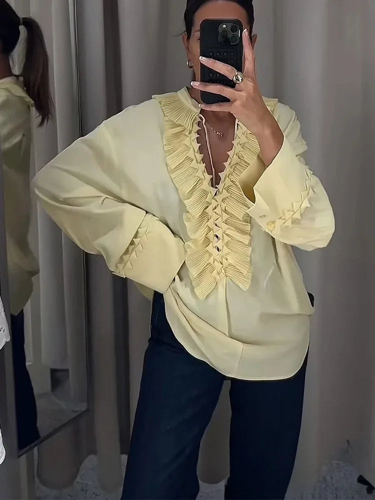 KONDALA Vintage Yellow Ruffle V-Neck Lace-Up Bow Tie Blouse Long Sleeve Casual Top