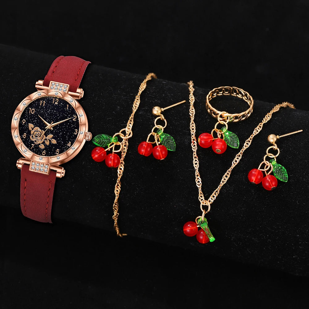 6-Piece Red Women’s Watch & Cherry Jewelry Gift Set – Minimalist Quartz Watch with Leather Strap