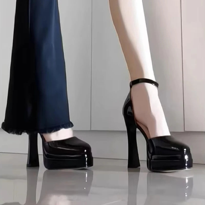 Women's Waterproof Patent PU Platform Sandals – 11 cm (4.3") Chunky Heel, Buckle Strap, White, EU 35-42