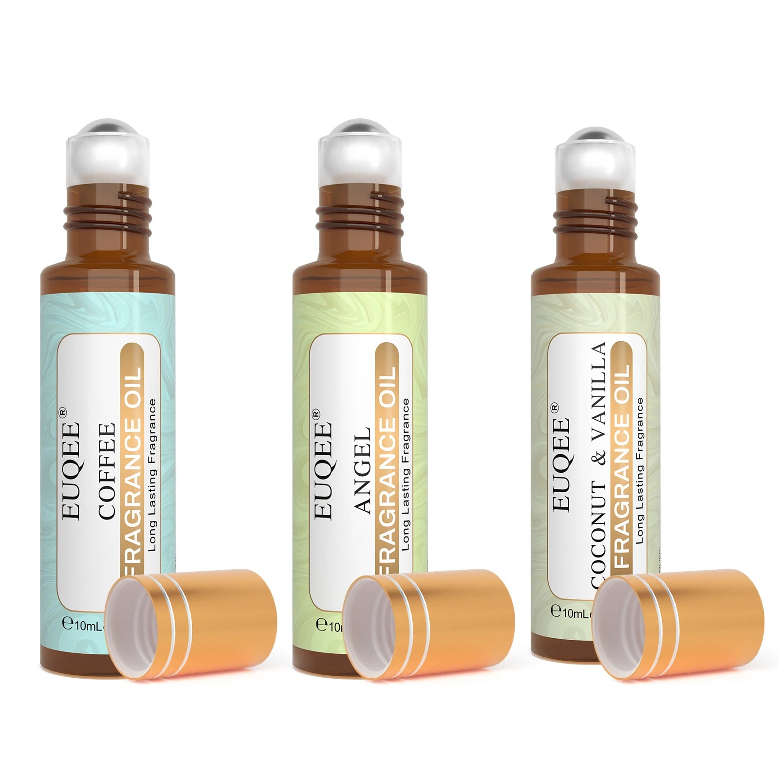 EUQEE 10ml Roll-On Fragrance Oil for Women - Portable Roller Perfume in Coconut Vanilla, Bubble Gum, Midnight Rose (Amber Glass)