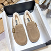 Women's Lambswool Loafers Furry Slip-On Winter Flats with Belt Strap
