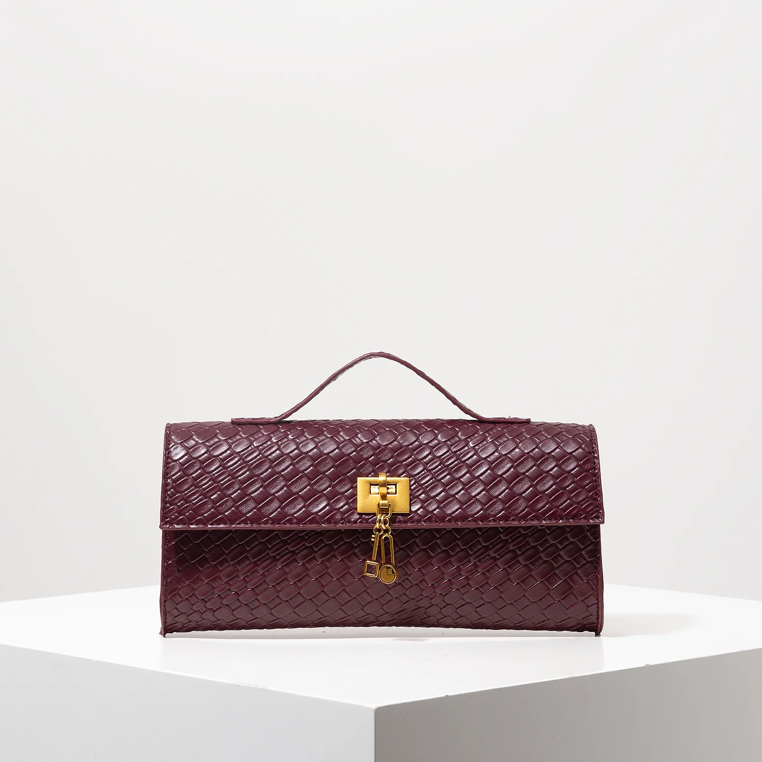 Vintage Woven Faux Leather Baguette Bag – Burgundy Flap Clutch for Women | Elegant Evening, Wedding & Party Accessory