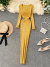 SINGRAIN Women's Autumn Winter V-Neck Long Knit Sweater Dress Slim Stretch Mid-Calf Bodycon